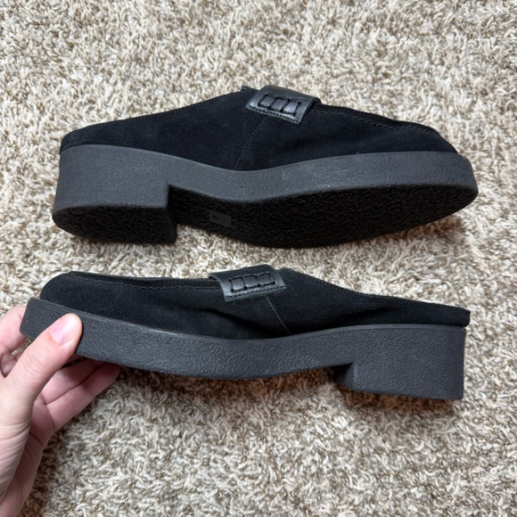 Free People Payton Suede Slip on Stacked Heeled Penny Loafer Mules Black - Picture 3 of 7